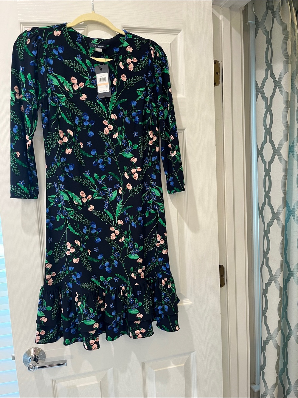 NWT Floral Ruffle Hem Navy Dress with Green & Pink Print
